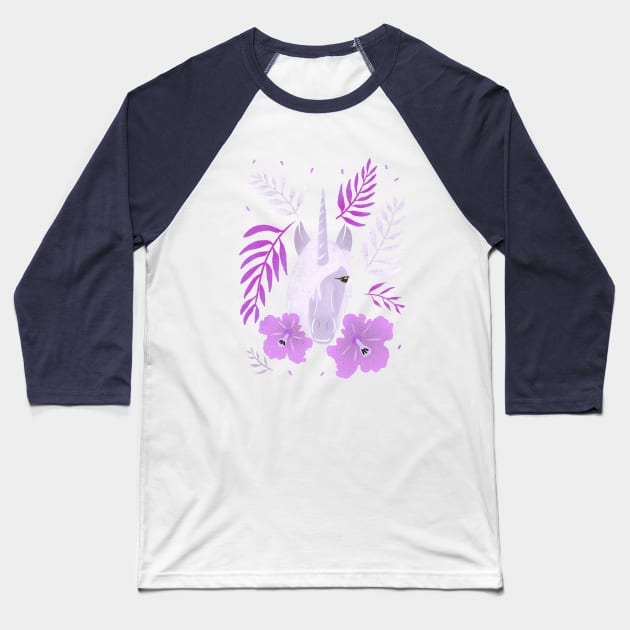 Pink Unicorn Tropical Hibiscus and Leaves Baseball T-Shirt by OneL Design